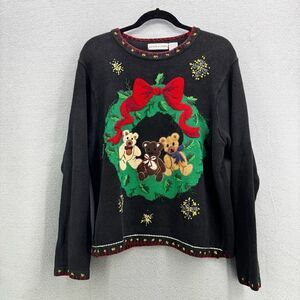 Vintage Victoria Jones Womens Black Christmas Wreath Teddy Bear Sweater Large